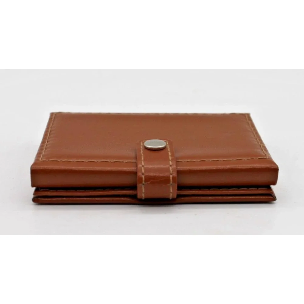 Bulova Triple Folding Photo Album Travel Picture Frame Leather Brown Snap Close